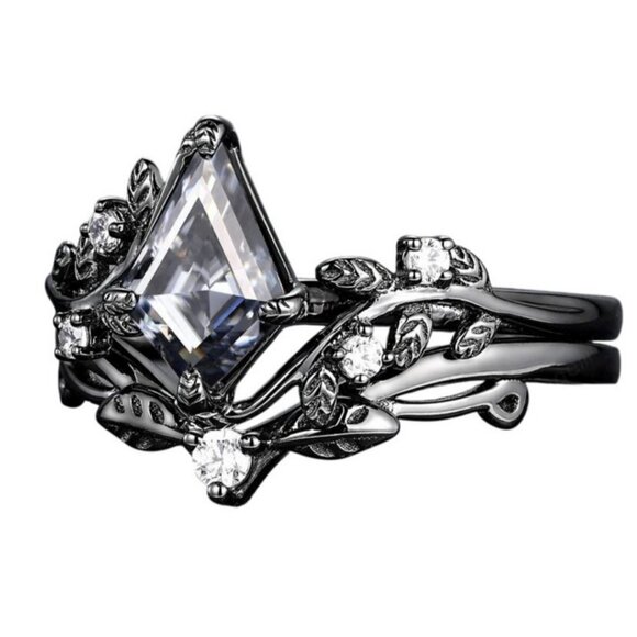 Rhombus Cut Natural Gray Moissanite Engagement Wedding Ring Set in Rhodium - Picture 5 of 7